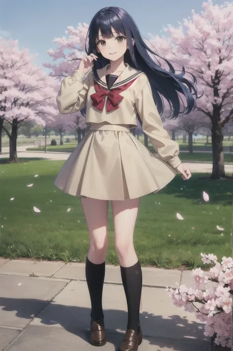 masterpiece,best quality,highres,ultra-detailed,bberika,blue hair,long hair,school uniform,sailor collar,red bowtie,dress,(beige dress:1.2),long sleeves,(beige skirt:1.2),(kneehighs:1.2),(black socks:1.2),loafers,outdoors,cherry blossoms,standing,cowboy sh...