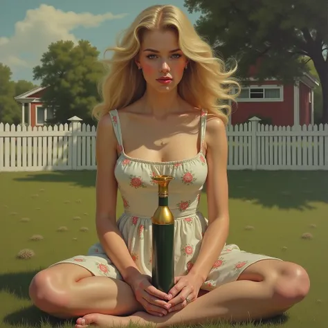 A blonde haired girl with big breasts wearing a sundress sits with her legs stretched out, holding a nuclear bomb, in the style of 1950s nuclear family painting