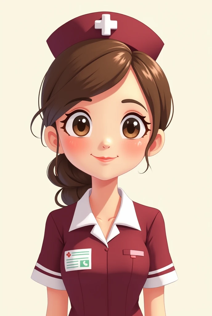 nurse cartoon without accessories faith,  light brown hair , fair complexion with uniform burgundy color   