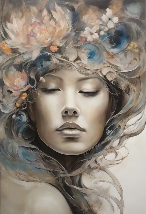 Depict a woman in the midst of transformation, her features fluidly changing into elements of nature like flowers or waves. The abstract metamorphosis captures the essence of growth and the beauty of change.