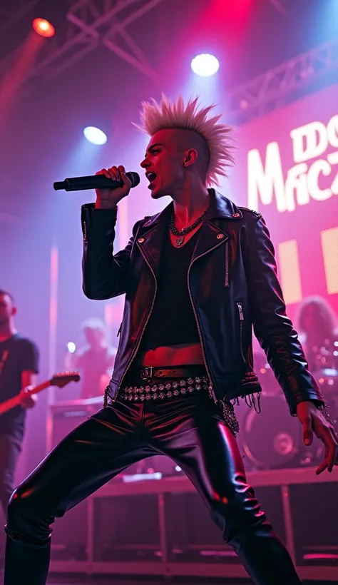  Capture the dynamic rock concert scene featuring performers The electrifying on stage.  The artist has a striking appearance with spiky hair that is bleached ,  wearing studded leather jackets and shiny leather pants ,  radiates energy as they sing excite...