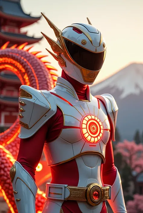  Japan – Rising Sun Dragon
"A Power Ranger in futuristic white and red armor, with gold accents reminiscent of rays of sunlight radiating from the center. Its minimalist design incorporates holographic textures of waves and cherry blossoms.

Behind him app...