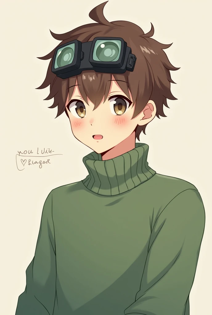 AN IMAGE OF A YOUNG MAN IN ANIME WITH BROWN BROWN HAIR AND BROWN EYES AND A GREEN SWEATER WITH A LENS ON HIS HEAD
