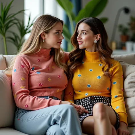 ( Two cute blond and brown-haired girls, 18 years old, from Russia and France are staring at each other on the living room sofa and relaxing side by side),、( closeup shot)、They both have unique outfits with different colors and shapes 、High neck colorful p...