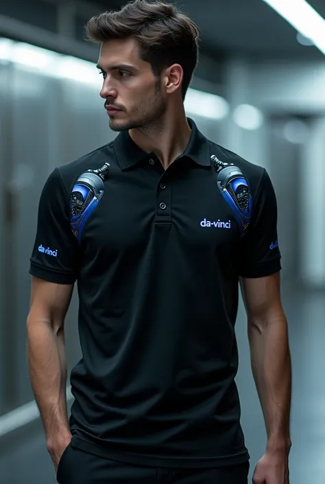 Black polo shirt with metallic blue touches of robotics with more blue touches and side that says Da-Vinci 
