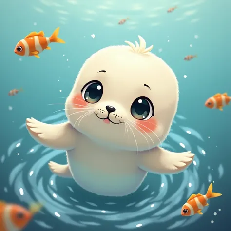 A young gentle and playful seal having large round expressive shiny eyes, soft and fluffy fur, tiny paws, having a rounded body and innocent look, playing with water and fishes