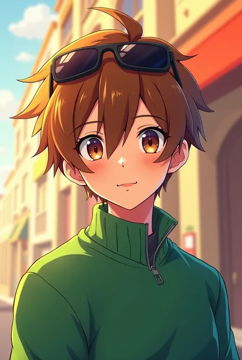 AN IMAGE OF A YOUNG MAN IN ANIME WITH BROWN BROWN HAIR AND BROWN EYES AND A GREEN SWEATER WITH SUNGLASSES ON HIS HEAD
