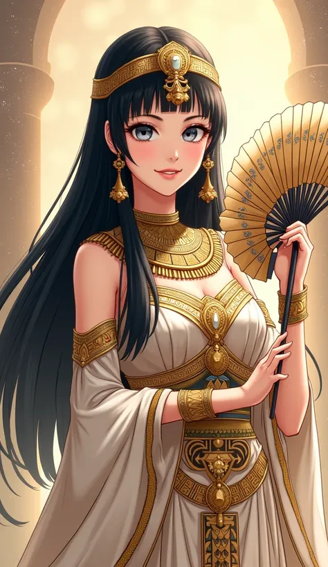 A Japanese anime-style illustration depicts an elegant woman dressed in ancient Egyptian attire. She has long, straight black hair and wears a regal golden headdress adorned with intricate patterns and a central gemstone. Her flowing gown features elaborat...