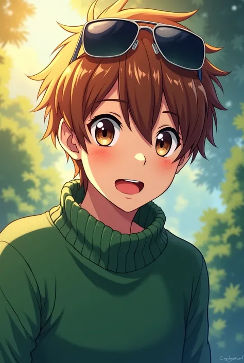 AN IMAGE OF A YOUNG MAN IN ANIME WITH BROWN BROWN HAIR AND BROWN EYES AND A GREEN SWEATER WITH SUNGLASSES ON HIS HEAD
