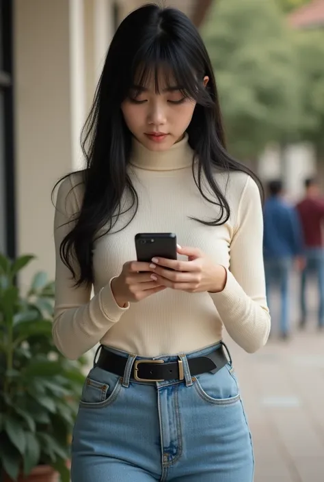  
young teenage 16-year-old woman of American features , stomach 1,60,  long black hair with fringe and vermilion eyes, white skin and pink lips, She has developed breasts ,  wears a tight cream-colored turtleneck blouse and blue denim pants, a black belt ...