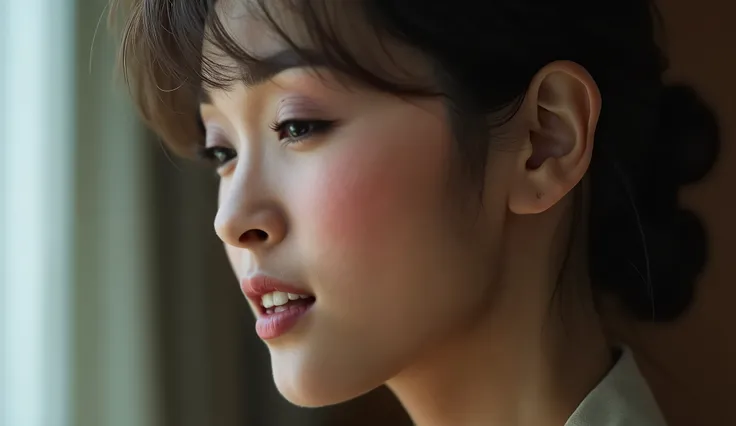 ((( realistic 、Realistic、 reality、live-action、High image quality、４k))) Japanese woman with a viewing angle of、((60 years old))、(Kissing expression、 sensual expression),
