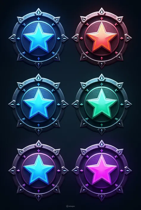 "Design a set of modern gaming buttons in 3D game icon, hit counter symbol logo that represents attacking beat waves to the music beat rhythm. Final Fantasy Style. metallic textures, and a medieval futuristic design. circle button with a star, no text, no ...