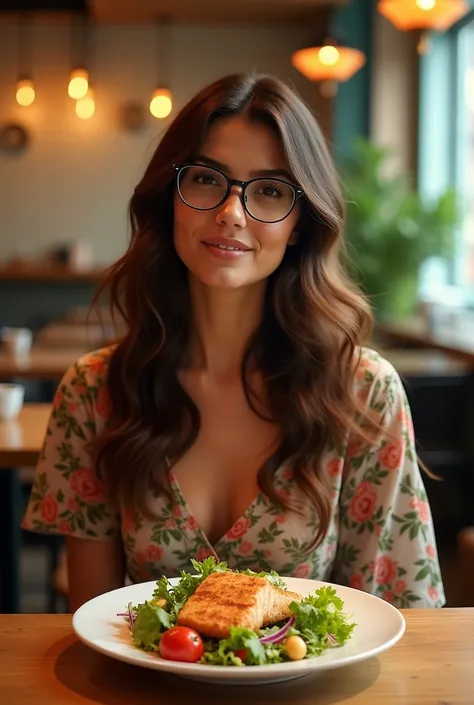 Beautiful Latina woman, 30 years old, with long brown hair. Light brown eyes, prescription glasses and wears a simple floral dress. She is having lunch, a plate of salad and grilled salmon. The salad demonstrates the concern for healthy eating. She is in a...