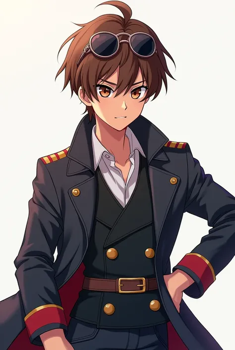 AN IMAGE OF A YOUNG MAN IN ANIME WITH BROWN BROWN HAIR AND BROWN EYES AND A COAT WEARING A GOROVERDE WITH SUNGLASSES ON HIS HEAD
