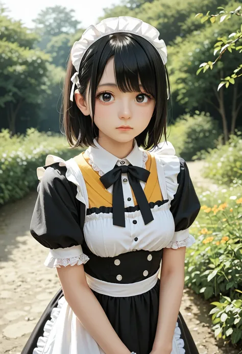 score_9,score_8_up,score_7_up, score_6 _up,BREAK, rating_safe,source_real, source_pony,one girl,medium shot,small face,small eyes,tareme,black eyes,small nose,black hairs,maid uniform,looking at viewer,medium breasts,outdoors