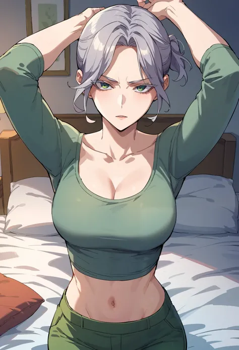 grey hair, short ponytail, green eyes, short hair, parted bangs, colored eyelashes, grey shirt, collarbone, cleavage, long sleeves, green pants,lieing on the bed,arms up,in the bedroom,looking at viewer,midriff,navel,abdomial curves
