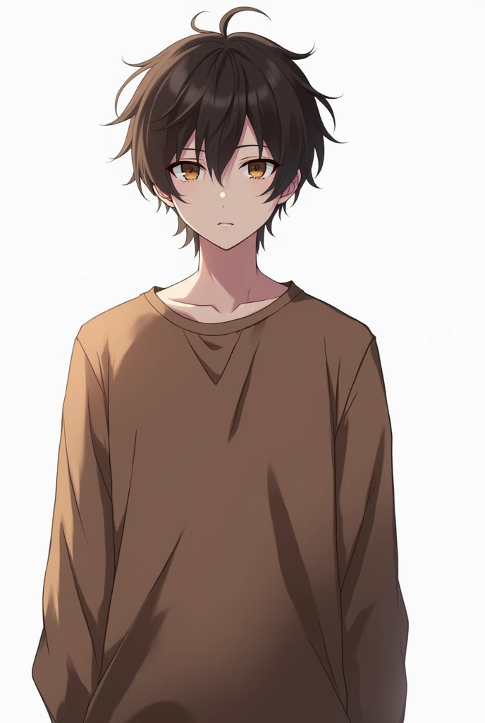 Anime man 4k blue wearing long brown shirt with short black hair on white background
