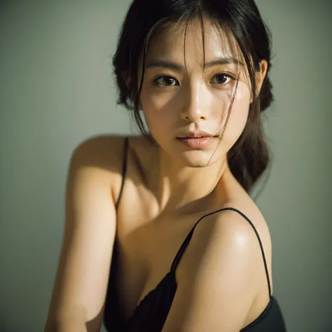 A hyper-realistic image of a single Japanese woman in her early 20s, captured with the nostalgic warmth and subtle graininess of a film camera. Her skin has a natural, slightly rough texture that includes visible pores, fine lines, and subtle imperfections...