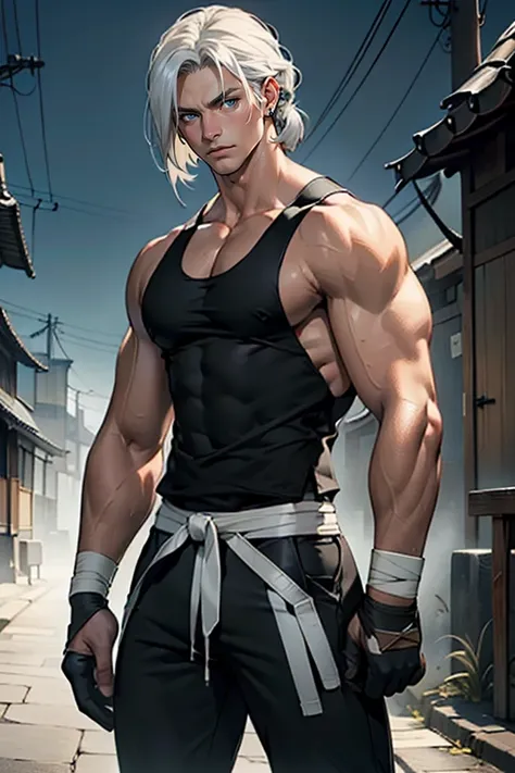 ((masterpiece)), (((best quality))), solo, ninja, 1 male, pale white skin, medium-length white hair, ((straight loose hair)), side part, ((bob hairstyle)), loose hair, handsome young man, blue eyes, lean, tall, slender, (large pecs), (wide hips), (thick th...