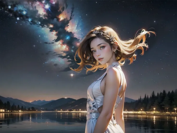 The goddess of the lake standing on the lake,Mysterious, super detailed,  high detail  ,  High Quality ,  high definition ,exquisite, beautiful, aerial view, dynamic angle,Milky Way, full moon , 惑star, star,((Quiet Lake))