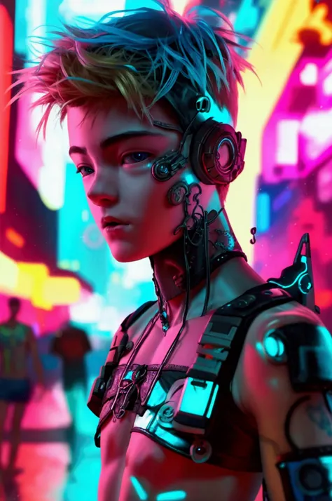 ((An adorable 18yo cute emaciated cyberpunk twink)) surfer male twink with an (((adorable boyish face of Asher Angel))) with bleach-blonde hair. He wears a ((small intricately detailed cyberpunk swim-trunks)). He poses in front of cyberpunk street graffiti...