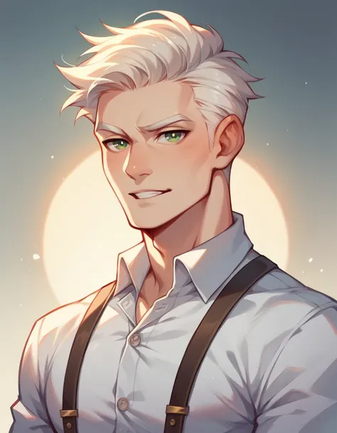 ( Mlp ) ,human Male , whiter Tied  hair Style   , Green pupils    , white shirt Buttons  ,Suspenders 