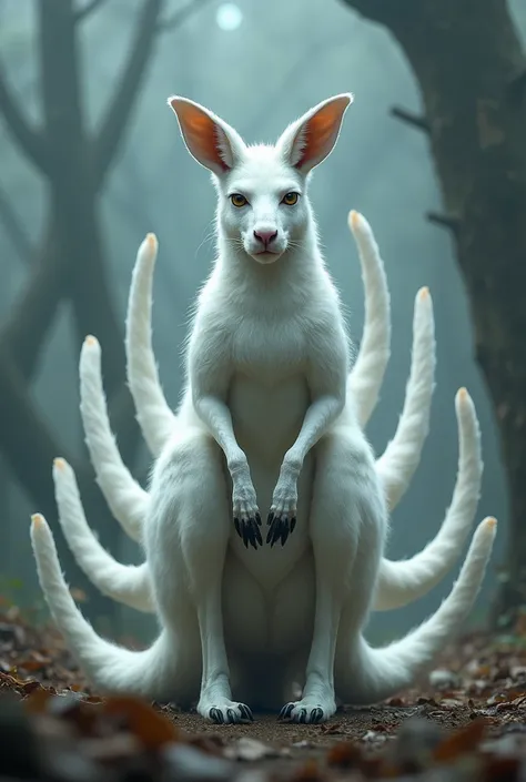 Nine-tailed kangaroo, she is an 18 year old female, her tail is 9, she is fluffy, white, elegant, looking beautiful with horror.