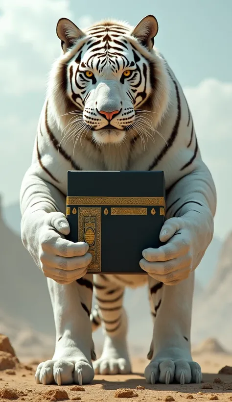 A huge white warrior tiger. Holds the Holy Kaaba Sharif.