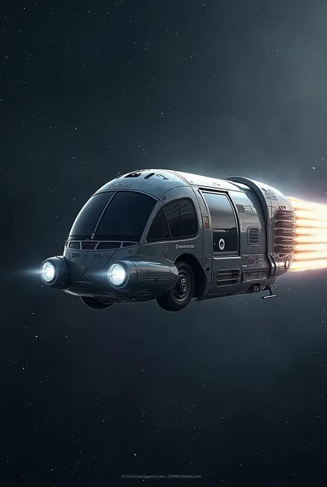 A picture of a bus flying in space with two fans above it