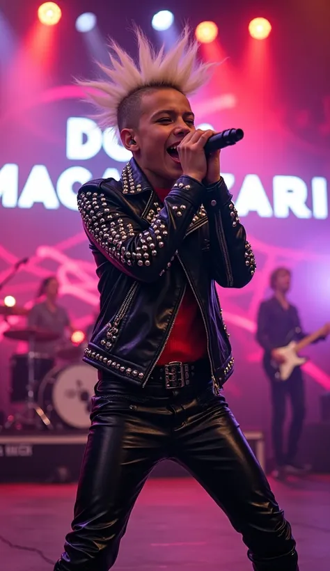 Realistic photos, Ultra HD, best quality, an electrifying young man on stage .  The artist has a striking appearance with spiky hair that is bleached ,  wearing studded leather jackets and shiny leather pants , radiates energy by energetically holding the ...