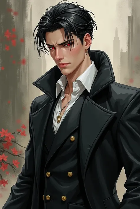  masterpiece , a 20 year old man,  he has a well-shaped body ,  wearing a white shirt combined with a double button black leather vest,  a long black coat .  He has a beautiful face ,  piercing red eyes ,  Black hair carefully combed back , well-proportion...