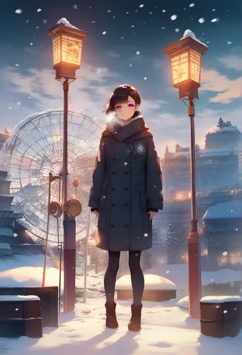  score_9, score_8_up, score_7_up, score_6_up, source_Anime,Alone, 1 girl,Front View, standing, watch viewers, black hair,Short Haired Bob Hair , purple eyes,color jelly,  knight ,  half closed eyes ,smile,I was worried,,snow,ferris wheel,lamp post,Shine,bl...