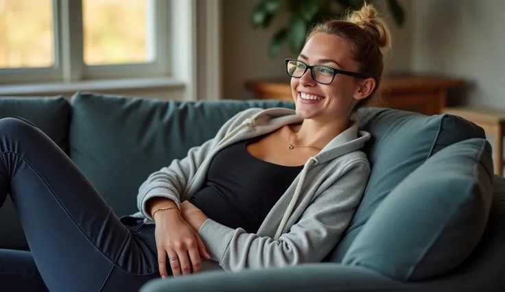 petite, english young woman, light dark blonde hair tied up, rectangular glasses, light blue eyes, lying on couch, black crop top, grey hoodie with sleeves rolled up, dark blue breeches, equestrian-boots that goes up to her knees. midday sun shining on her...