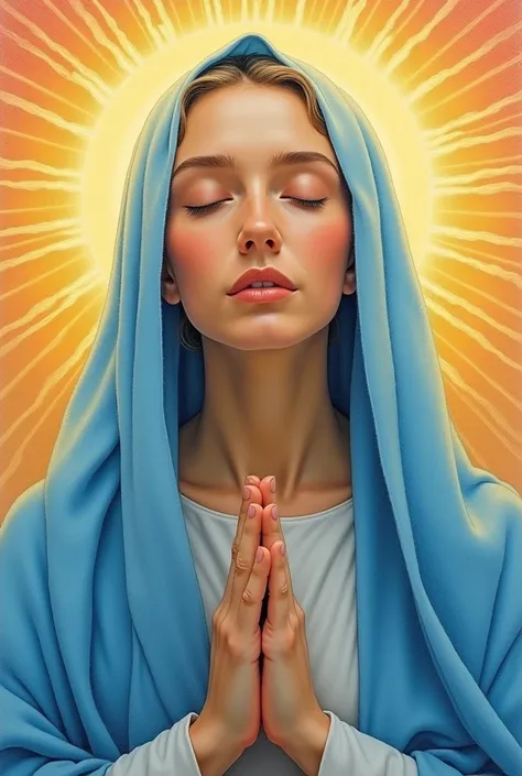 Colorful pencil Drawing art of a woman with closed eyes and mouth and a sky blue veil praying with golden rays of sunlight in the background