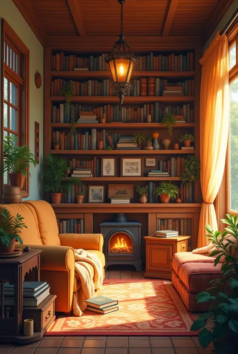 The house of a boy who likes books and is like an older brother to others who has light and dark orange tones 