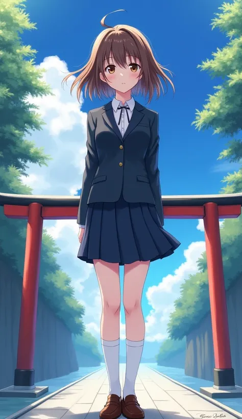 masterpiece,  best quality,  high definition ,  Very detailed,(((pretty girl with brown hair))), ((( Japanese anime))), ((( short hair ))), ((( blazer))), ((( pleated skirt))), ((( white high socks ))), ((( brown loafers))), (((Standing in front of the tor...