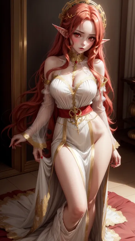  anime girl image,red eyes, red hair,Elf ears,eleven, white dress ,long skirt,Milf,adult woman, long hair , wavy hair ,beautiful, seductive face , seductive face ,Dressed like an angel, with gold detail on the waist , with transparent lace sleeves,with gol...