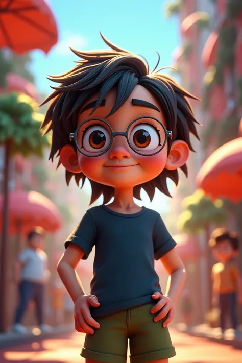 Disney inspired 3D poster/Pixar capturing images with a boy with long hair that reaches his shoulder who wears round glasses with a dark blue shirt and green shorts