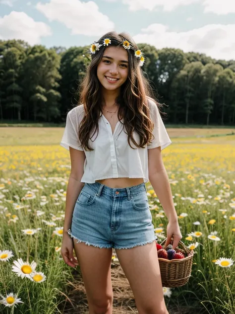 (Twenty-year-old woman:1.2), alone, (long brown curly hair:1.1), brown eyes, wearing a daisy wreath on her head, standing in a daisy field, (full body image), (fruit basket:1.1), blue shorts, red shirt,, raw, photo, photo shadow, aesthetic, elegant, smilin...