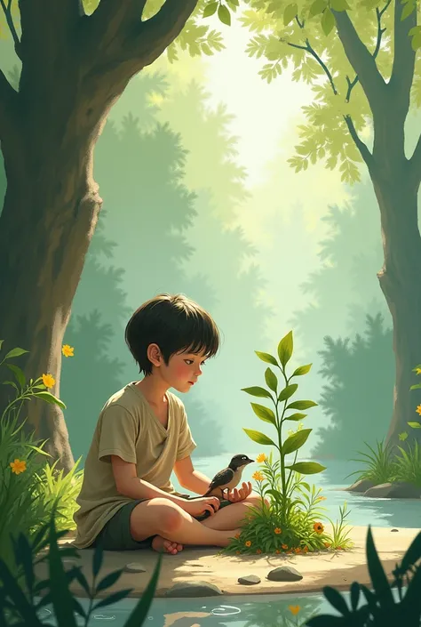 A serene nature scene with a human boy, a plant, and an animal in harmony.