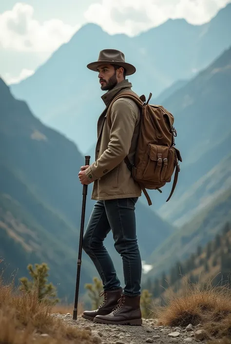  A handsome young man standing carrying a cane,  carrying a rangsel , docmart shoes ,in the mountains , foto RAW, 16k , Photo by Rasio 16:9