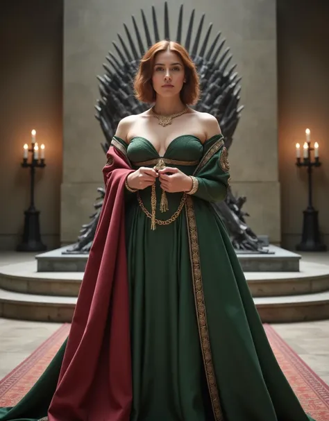 (fullbody shot:1.1): (long shot:1.1): (looks to viewer:1.1): generate landscape image, bright photo 1080P, beautiful XL-size woman 30-35 years 5.1ft with short dark red sort wavy hair her face is brightly lit, stands before the swords throne of Targaryen i...