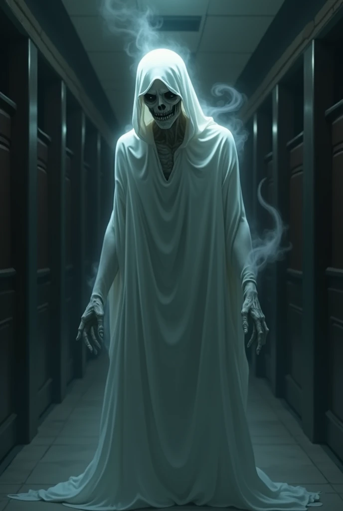 Slightly hunchbacked male anime ghost with a creepy face and a wraith appearance