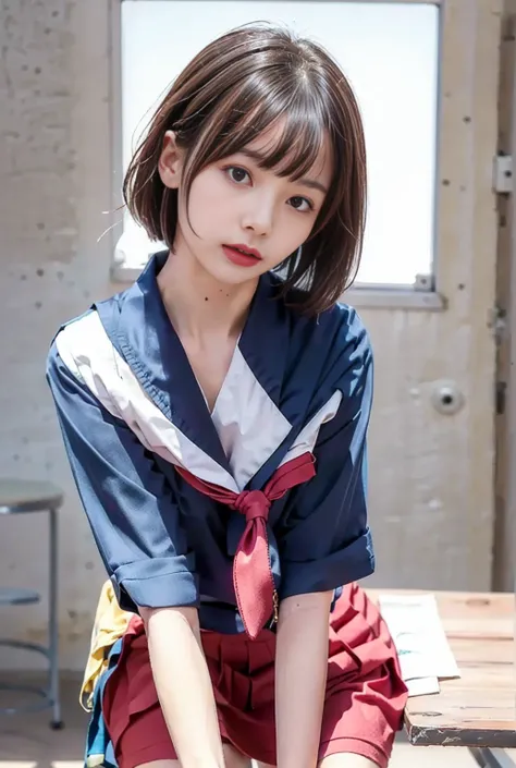  sailor suit 、White summer clothes、The collar is black 、 white three lines 、 sailor suit の丈は短い、 red scarf length is short、 pleated skirt、 the pleats are narrow 、 black skirt、 length short skirt 、 Mini Skirt、Droopy eyes、 her eyes are drooling 、Drooping eye ...