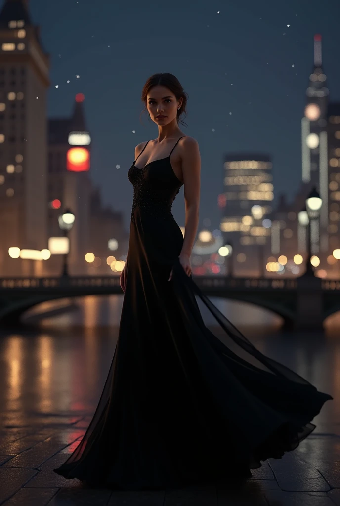 Create a template from an image in London of a beautiful woman in canary black dress at night