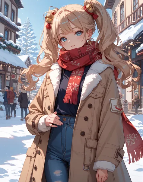 Tokyo Tower in the snow 、 light blue long hair playing a handbell、 Beautiful Girl with Twin Tails 、 brown long coat with red scarf、