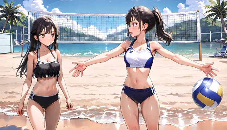 
((top quality)),((masterpiece)),((perfect face)),(ultra-detailed),ultra high res, 8k, 2girls, beach volleyball, net, exquisite, cowboy shot, (very aesthetic:1.2), (absurdres:1.2), (detailed background),newest, perfect anatomy,