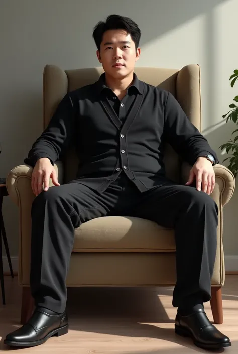 A Korean man is wearing a black cardigan, black slacks, and sits with his legs spread apart in a chair
The mans face must have an Asian face, big eyes, and a warm face unique to Korea, so he must be good-looking.
Men wearing black slacks have slightly thic...