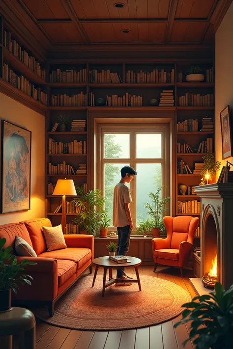 The house of a boy who likes books and is like an older brother to others who has light and dark orange tones 