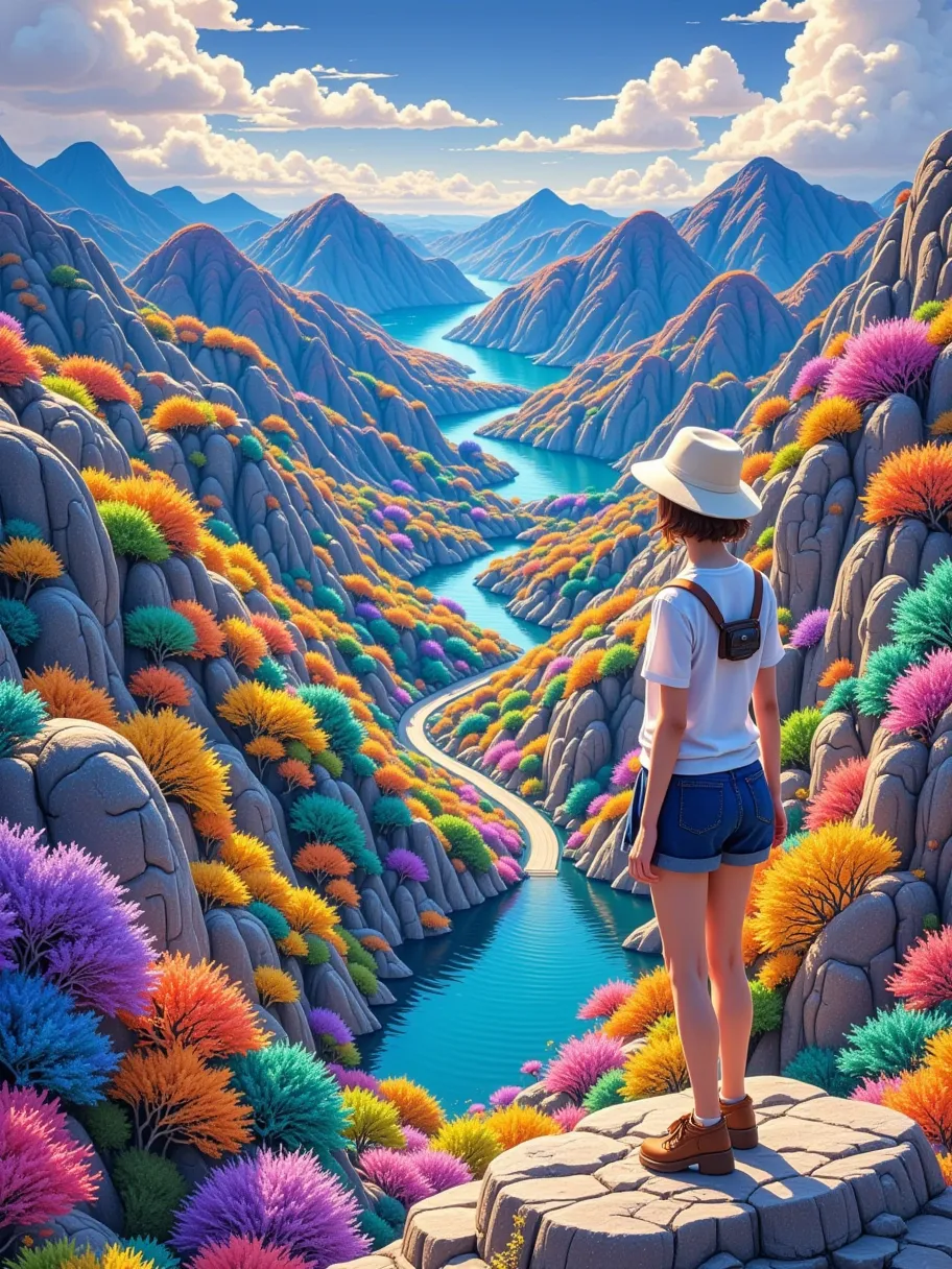 ((masterpiece)), (style anime), ghibli, a pixe art style of landscape view from a high rocky peak, with a girl wearing a white h...